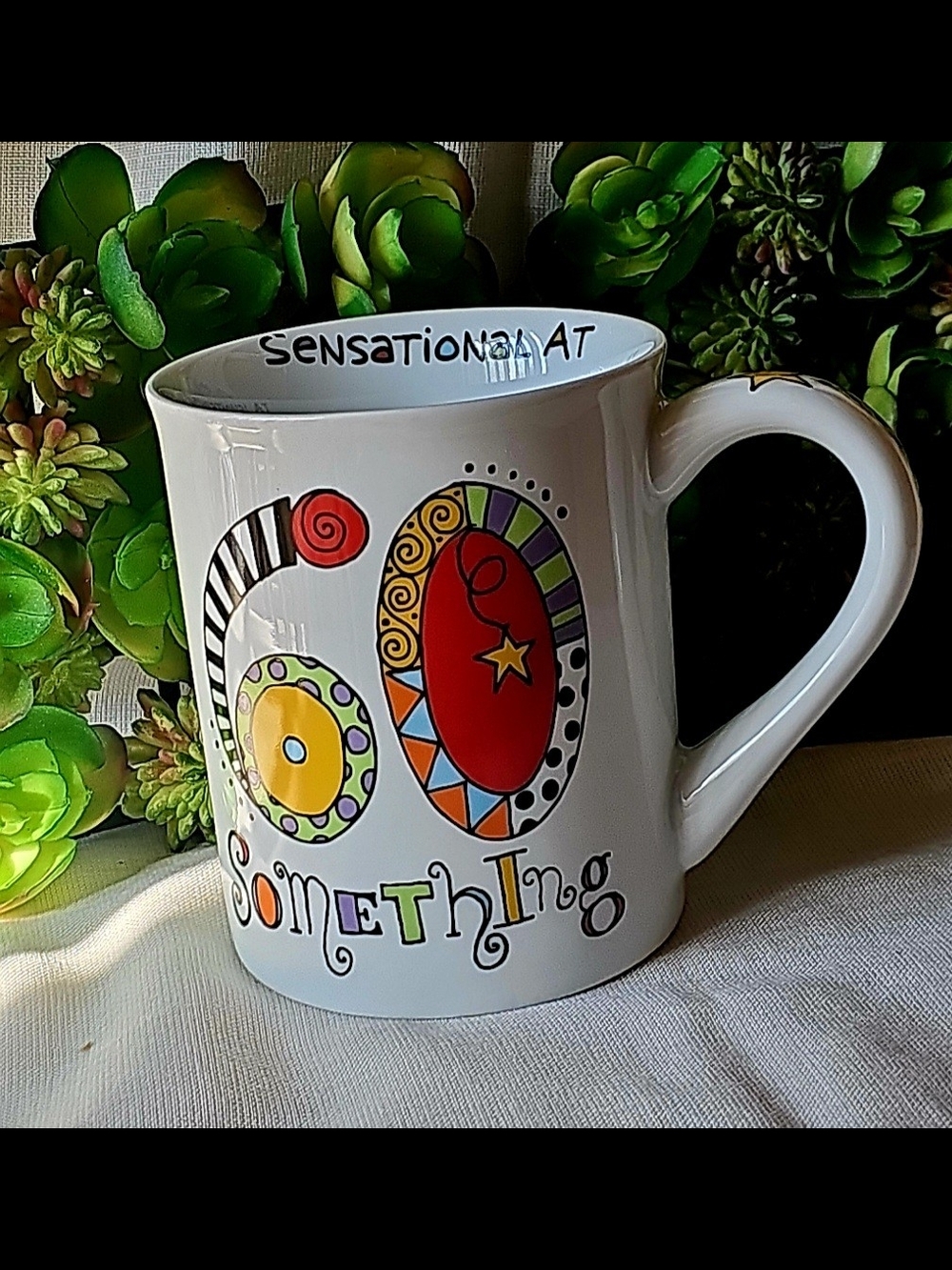 White Celebration '60 Something' Ceramic Mug with Multicolor Accents
